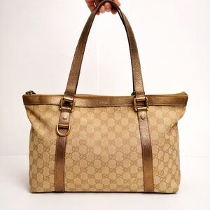 Gucci Abbey D Ring GG Tote Bag Beige Canvas Bronze Leather Shoulder Purse